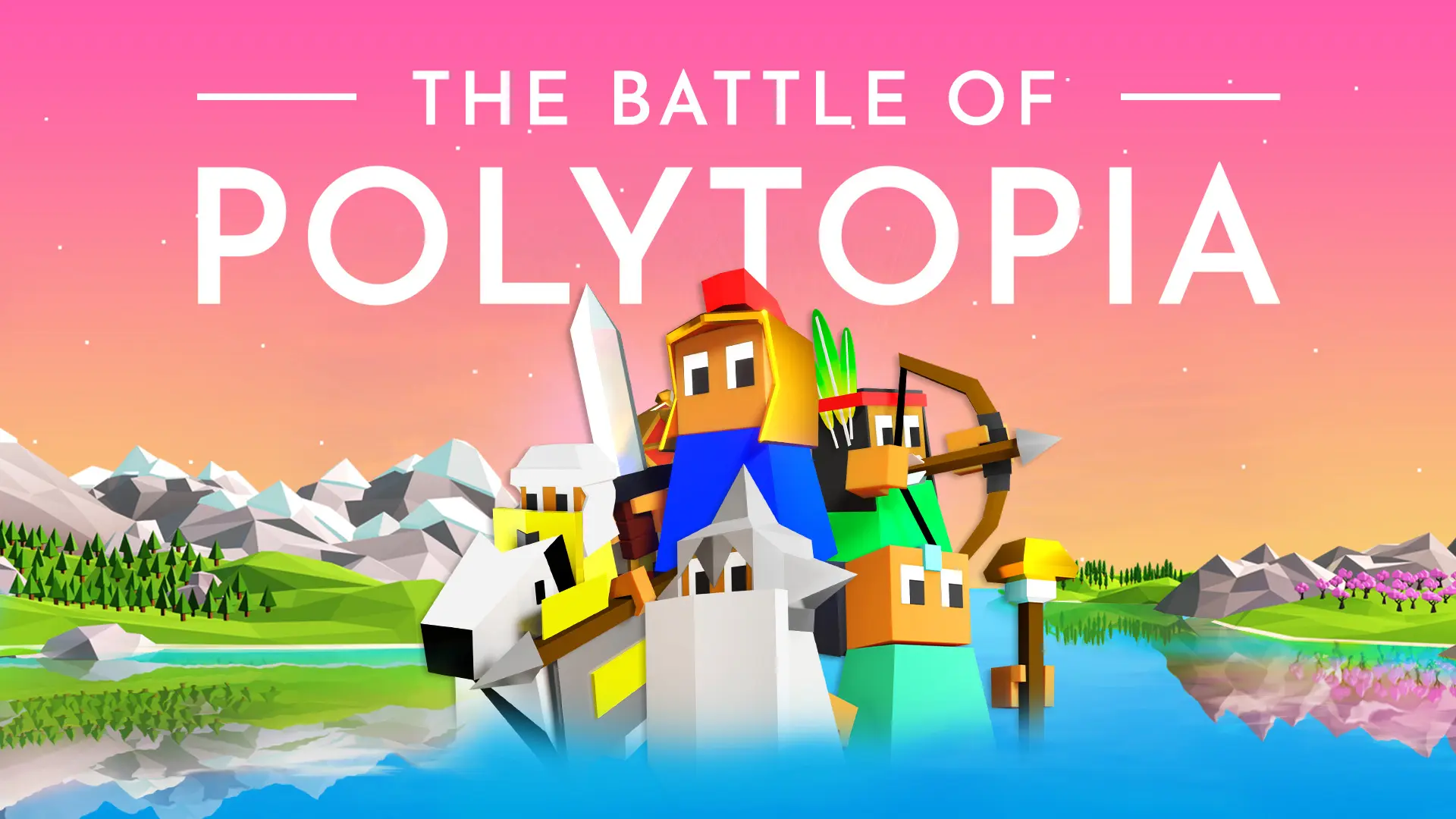 low poly computer game image. a knight, centurion, archer, etc pose under the words "BATTLE OF POLYTOPIA"