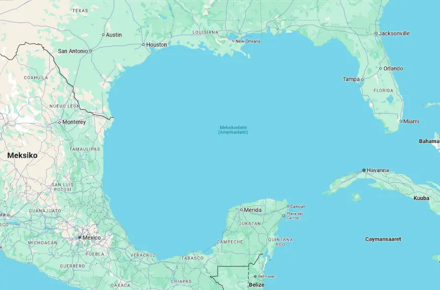 Screenshot of Google Maps in Finnish. Gulf of Mexico is labeled "Meksikonlahti (Amerikanlahti)"