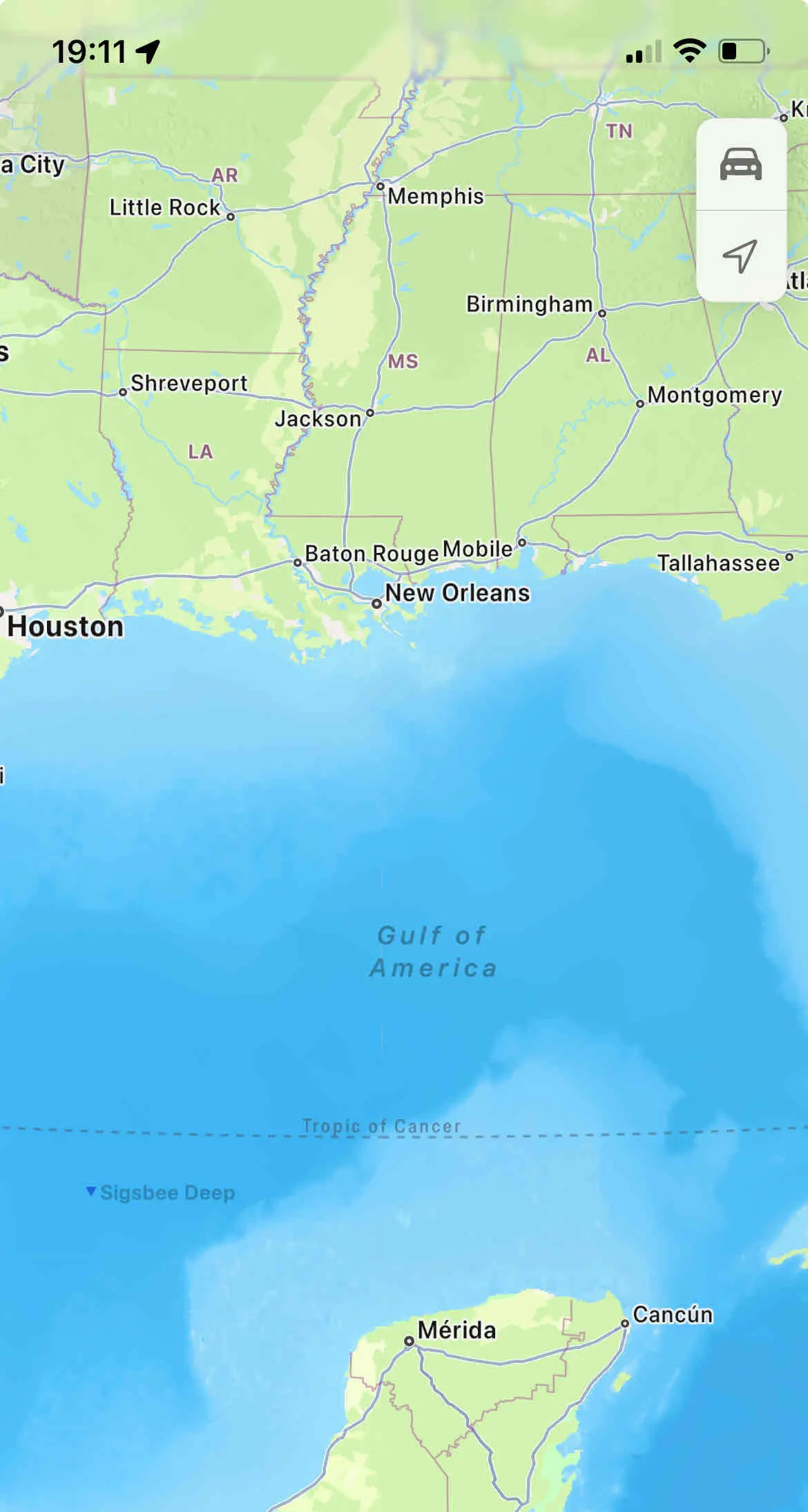 apple maps screenshot centered over the gulf of mexico displayed with "gulf of america"