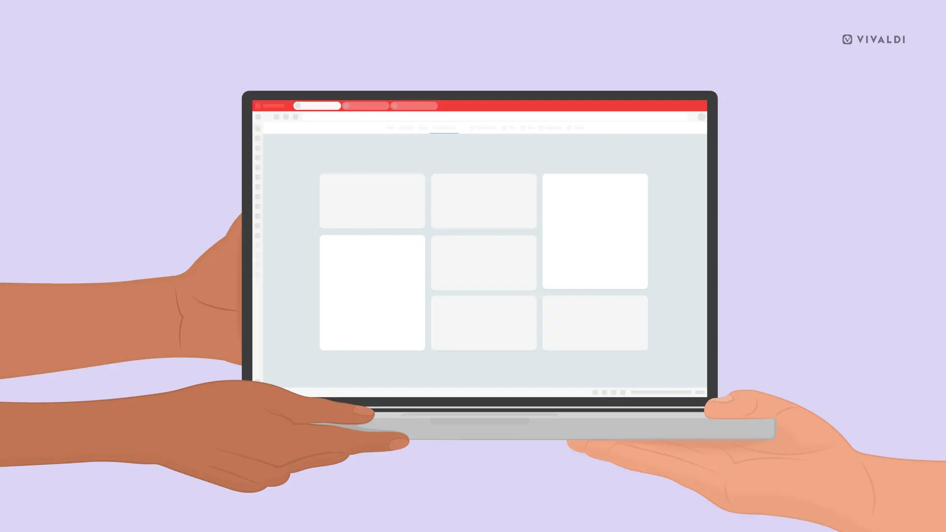 Illustration of a laptop with Vivaldi open being handed from one person to another.