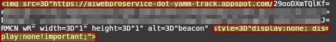 screenshot from the source of the email, showing a hidden tracking pixel – clearly visible as such by a) the domain "*track.appspot.com" and b) the fact that it's very important to not be shown ("display:none; display:none!important")