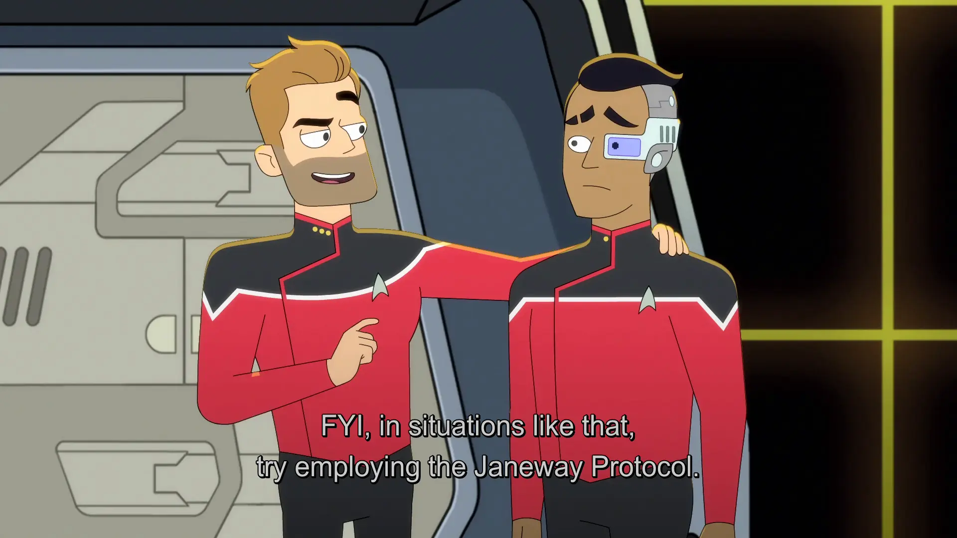 Screenshot from Lower Decks season 1 episode 2 "Envoys". Commander Jack Ransom tells Ensign Samanthan Rutherford "FYI, in situations like that, try employing the Janeway Protocol