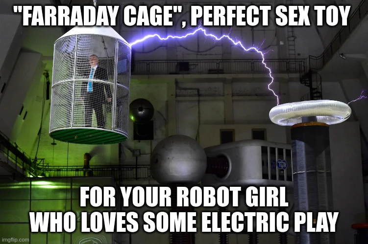 <image of faraday cage being struck by an electric arc> "faraday cage", perfect sex toy. for your robot girl who loves some electric play