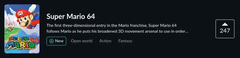 Screenshot of the GOG Dreamlist entry for Super Mario 64