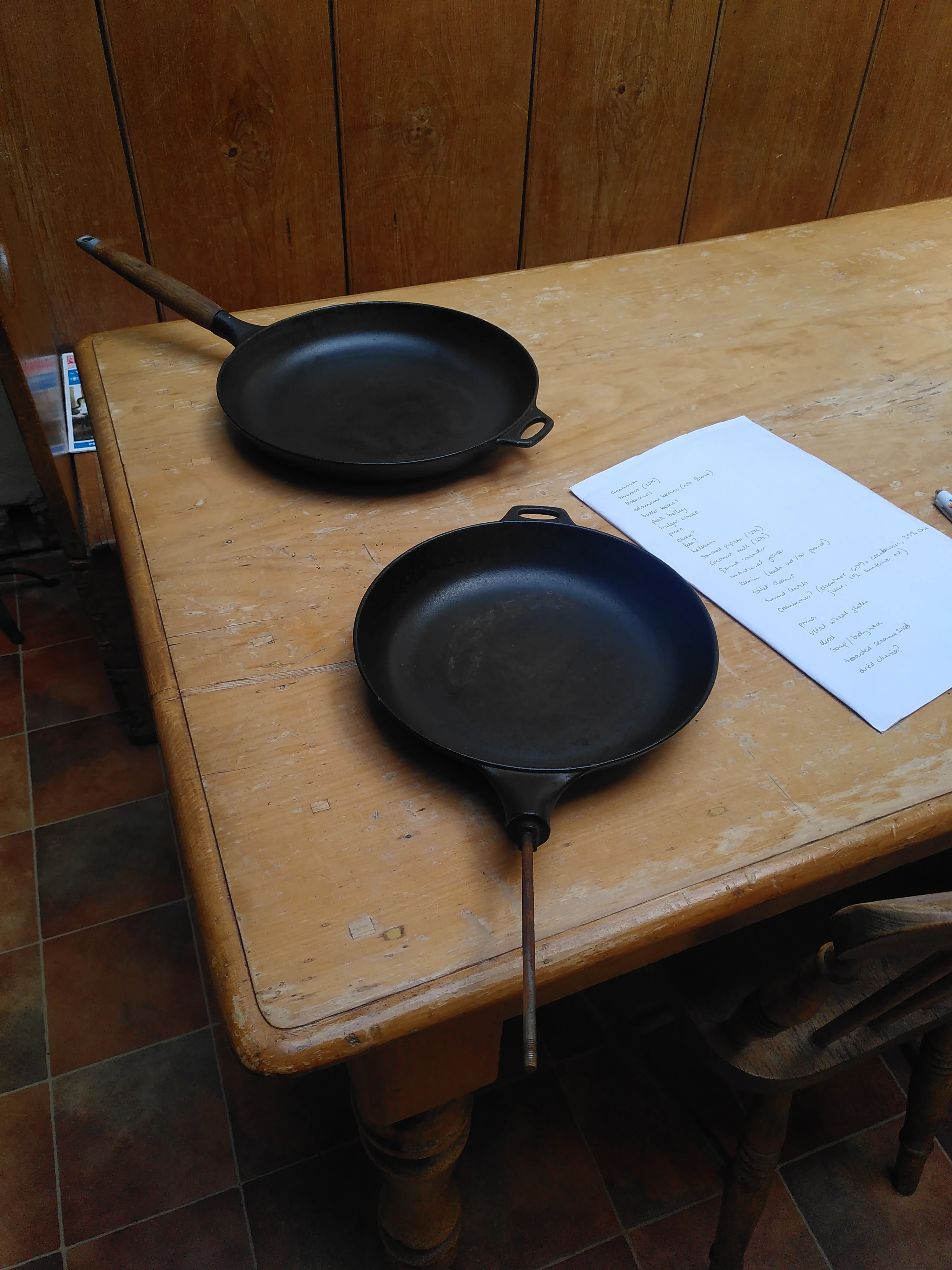 two cast iron pans, lightly rusted