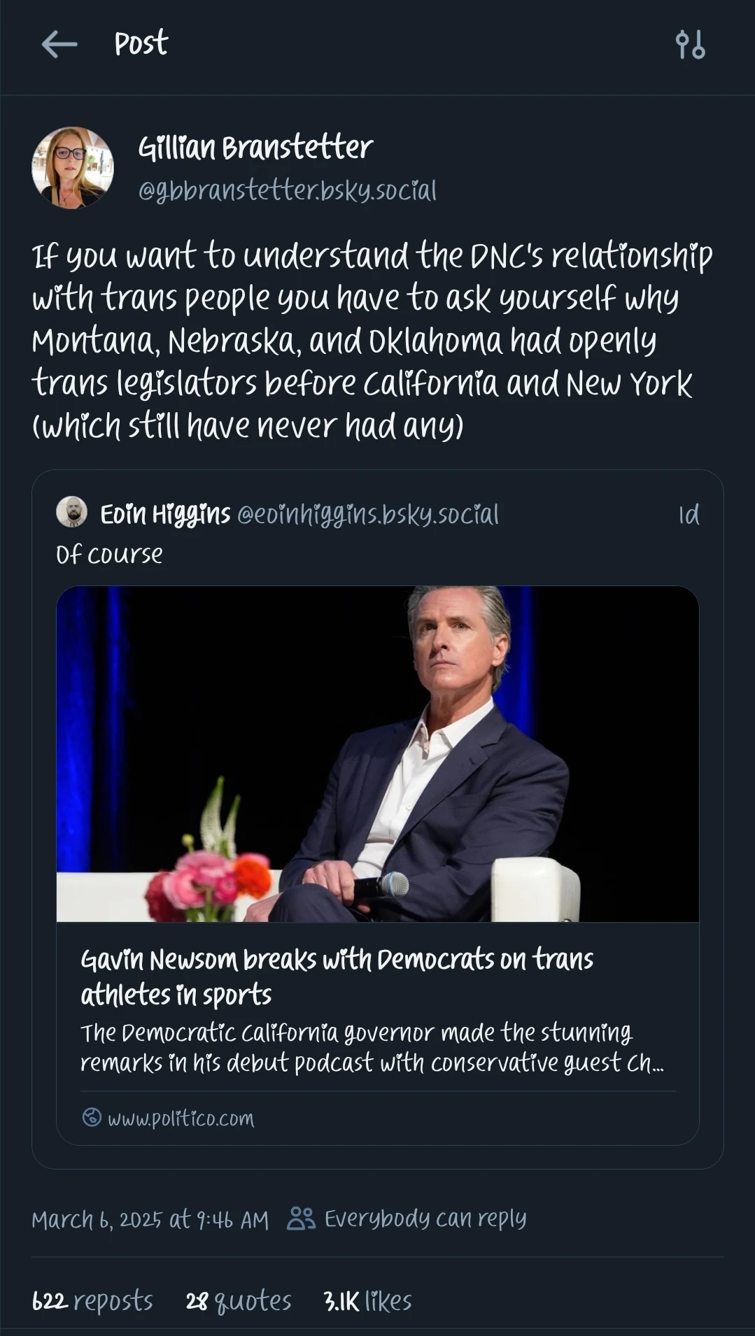 If you want to understand the DNC's relationship with trans people you have to ask yourself why Montana, Nebraska, and Oklahoma had openly trans legislators before California and New York (which still have never had any)