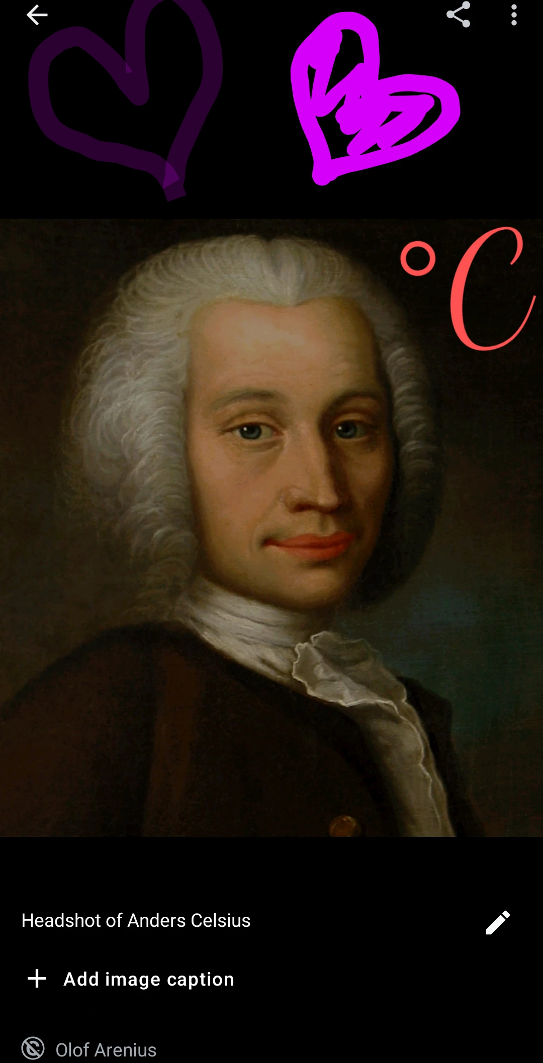 Screenshot of Old timey portrait of the Celsius guy with some hearts drawn on it