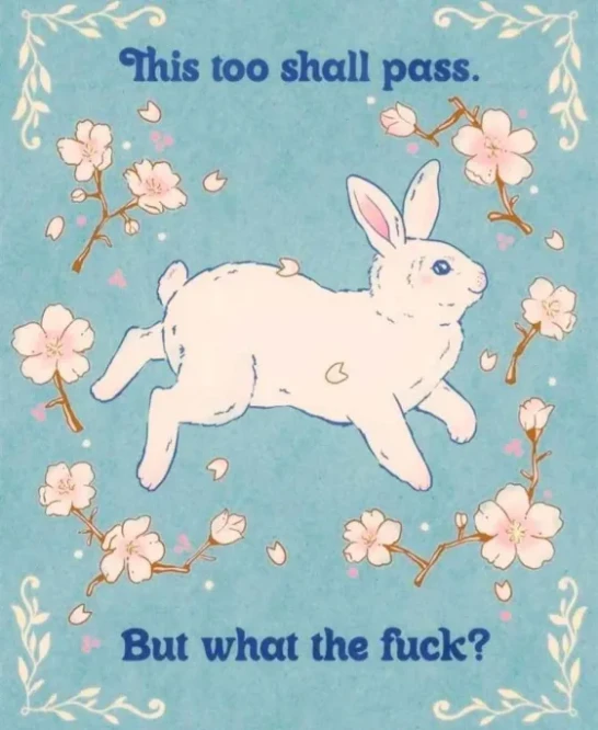 A poster with a picture of a white bunny surrounded by white flowers on stems over a blue background. The poster looks hand painted. At the top of the poster it says "This too shall pass." with the imagery all in the middle, and then at the bottom it says "But what the fuck?"