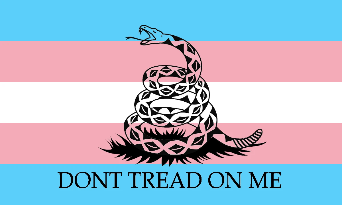 image showing the gadsden flag with the words "DONT TREAD ON ME" on it, where the yellow background is replaced by the trans flag