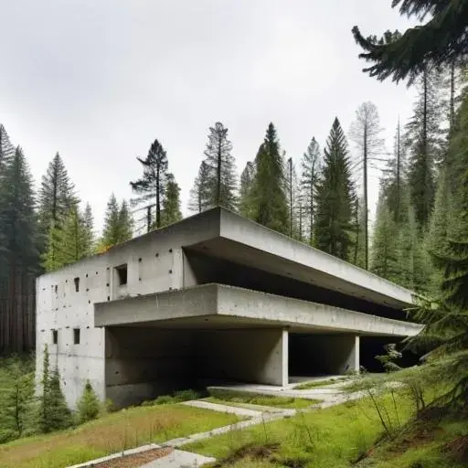 Image with seed 2537260547 generated via AI Horde through @aihorde@lemmy.dbzer0.com. Prompt: modernist, brutalist concrete ruins in a rainy pine forest