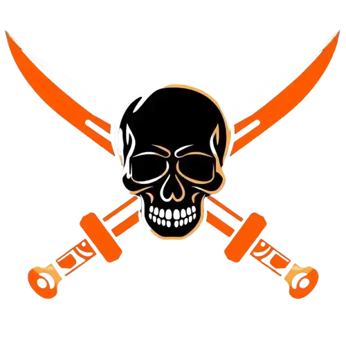 Salty Dog: An icon of two crossed cutlasses with a skull in the center in orange-red, black and white colors