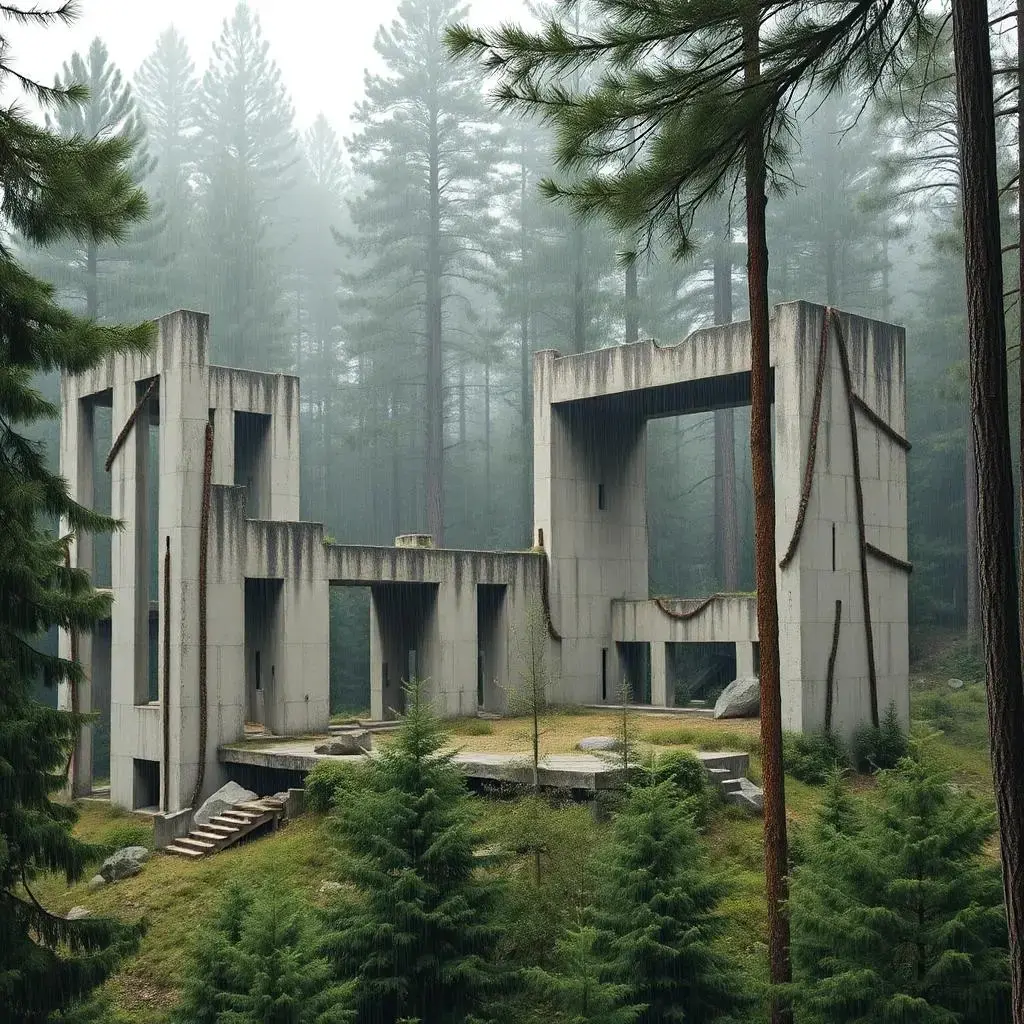 Image with seed 873221570 generated via AI Horde through @aihorde@lemmy.dbzer0.com. Prompt: modernist, brutalist concrete ruins in a rainy pine forest