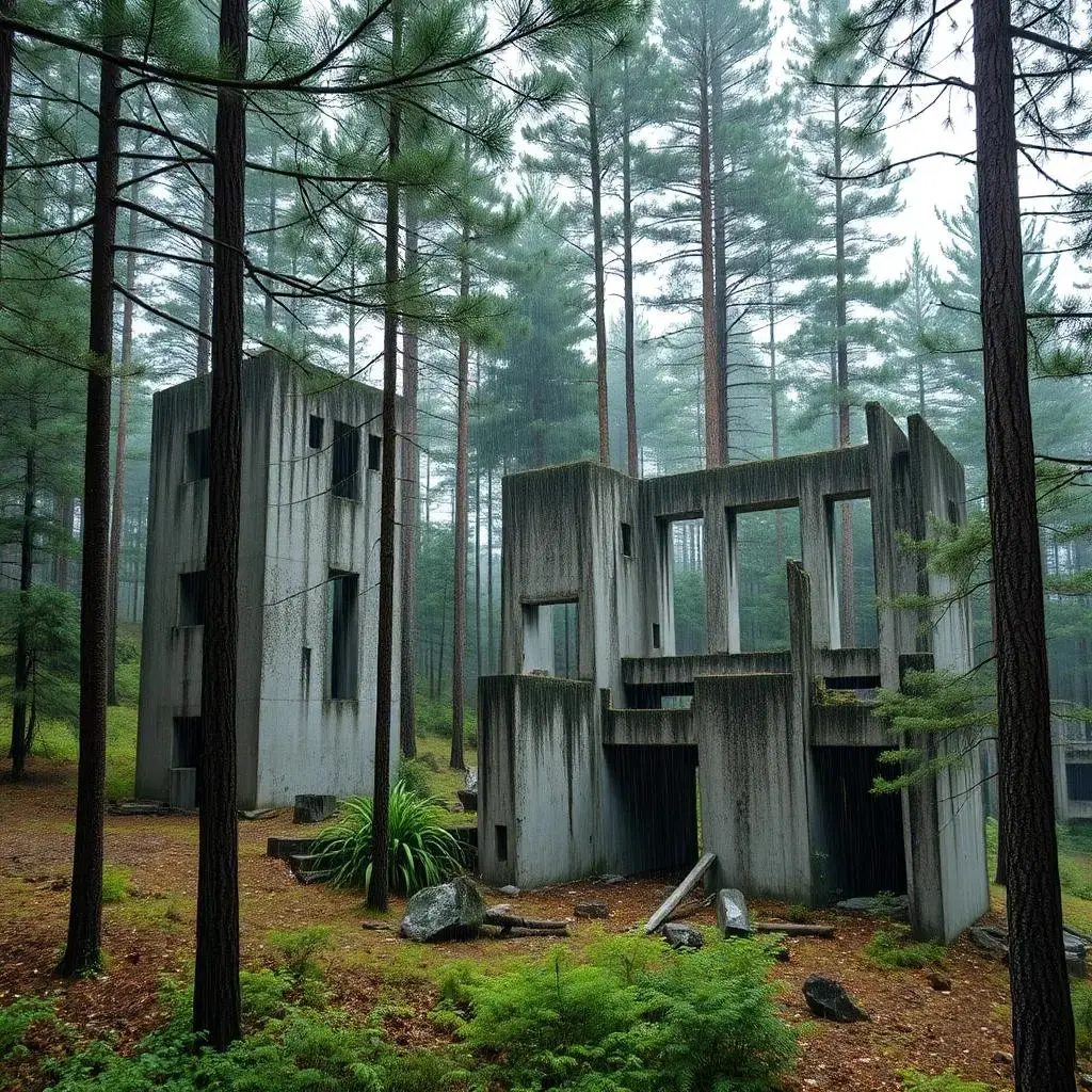 Image with seed 873221570 generated via AI Horde through @aihorde@lemmy.dbzer0.com. Prompt: modernist, brutalist concrete ruins in a rainy pine forest