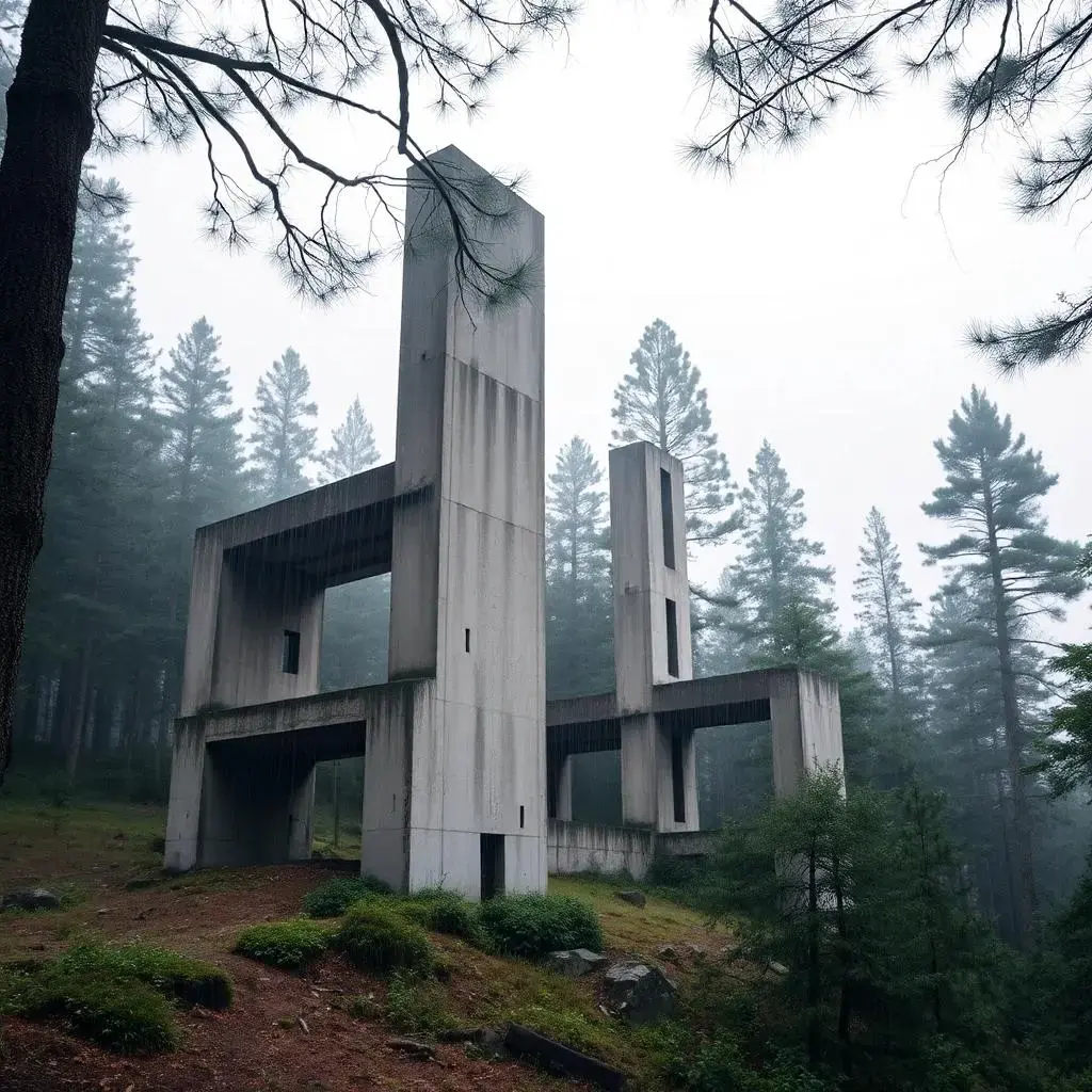 Image with seed 873221570 generated via AI Horde through @aihorde@lemmy.dbzer0.com. Prompt: modernist, brutalist concrete ruins in a rainy pine forest