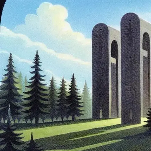 Image with seed 2257340882 generated via AI Horde through @aihorde@lemmy.dbzer0.com. Prompt: modernist, brutalist concrete ruins in a rainy pine forest, mtg card art