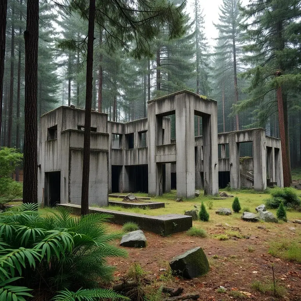 Image with seed 873221570 generated via AI Horde through @aihorde@lemmy.dbzer0.com. Prompt: modernist, brutalist concrete ruins in a rainy pine forest