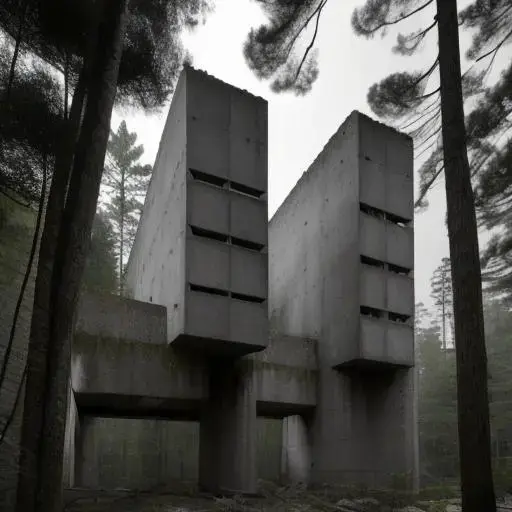 Image with seed 1928139505 generated via AI Horde through @aihorde@lemmy.dbzer0.com. Prompt: modernist, brutalist concrete ruins in a rainy pine forest