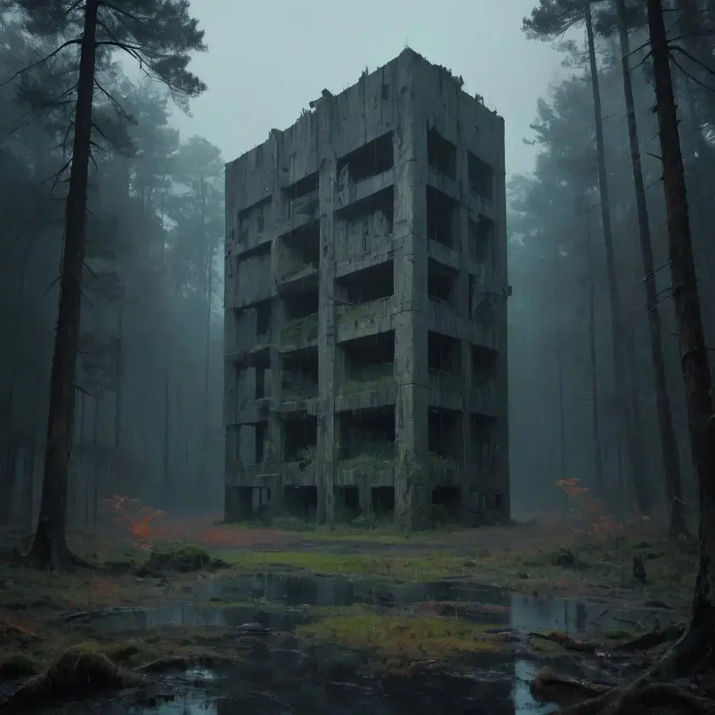 Image with seed 1193282880 generated via AI Horde through @aihorde@lemmy.dbzer0.com. Prompt: highly detailed digital painting of modernist, brutalist concrete ruins in a rainy pine forest, highly realistic fantasy concept art by Darek Zabrocki and Zdzisław Beksiński, paint strokes, intricate, eerie scenery, dark volumetric lighting, triadic color scheme, very coherent, sharp focus, illustration, film grain, spooky vibe