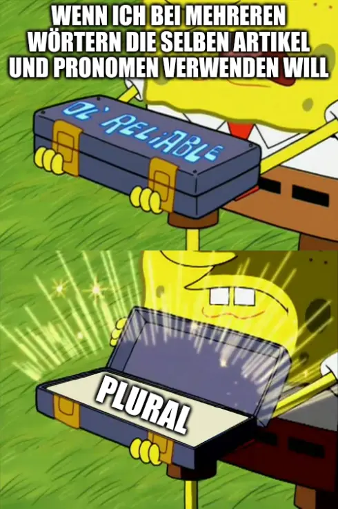 SpongeBob Ol' Reliable Meme mit Überschrift "Wenn ich bei mehreren Wörtern die selben Artikel und Pronomen verwenden will". Spongebob öffnet Ol' Reliable Box mit Inhalt: "Plural"