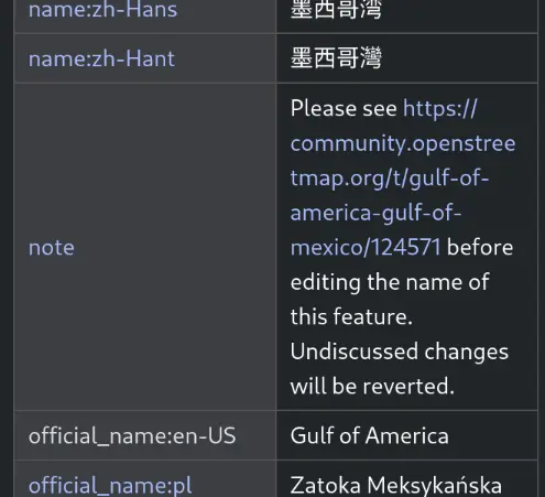 screen shot showing Open Street Map tags as described above, including the statement "Please see (link to discussion) before editing the name of this feature. Undiscussed changes will be reverted."