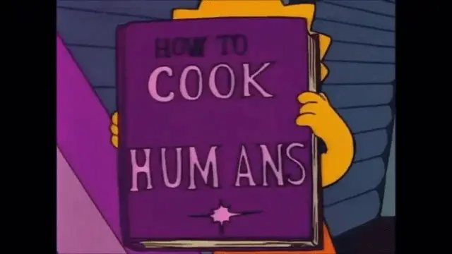Simpsons TV show still where Lisa is holding a book seemingly titled “How to cook humans”
