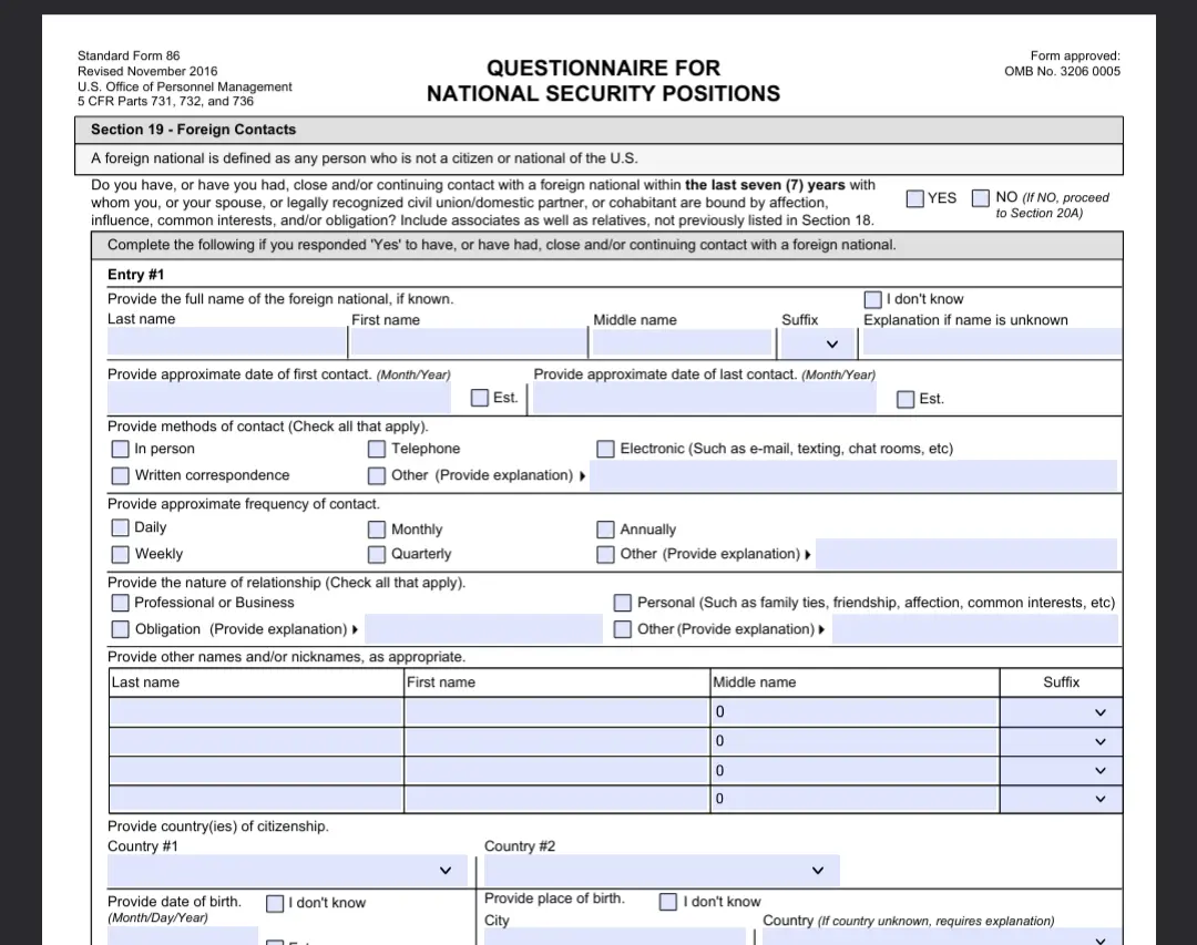 The part of the SF-86 form where it asks about foreign contacts, including any family members not already listed.