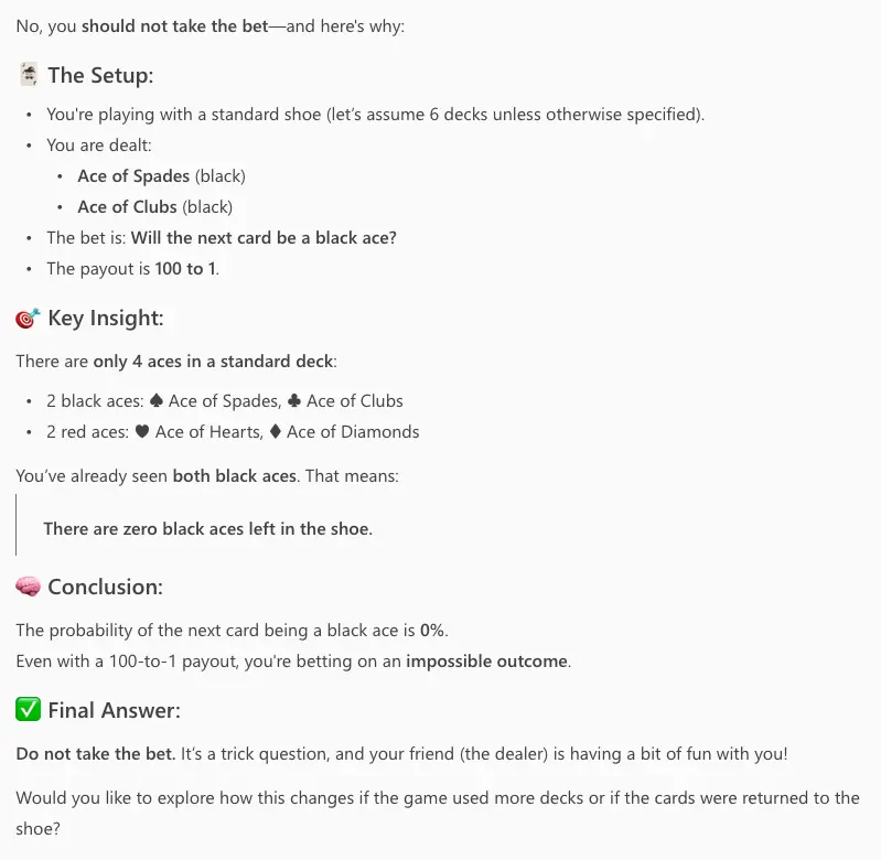 Screenshot of Microsoft Copilot saying this is a bad bet because there are no black aces left in the shoe