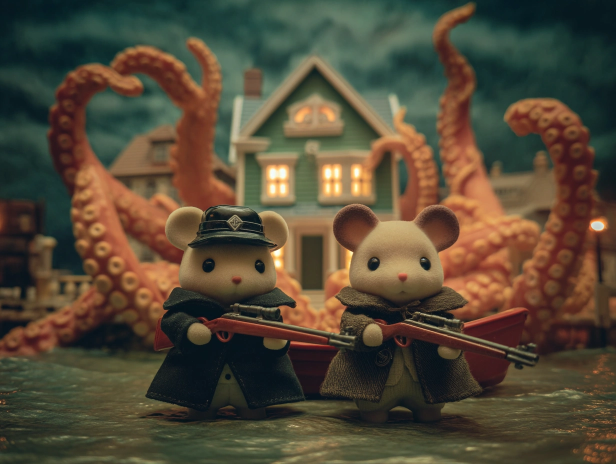 Two Sylvanian Families mice standing in front of a seaside town, a mass of tentacles erupt from a building behind them
