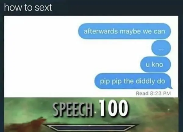 Text conversation where someone implies they participate in intercourse by calling it "pip pip the diddly do"