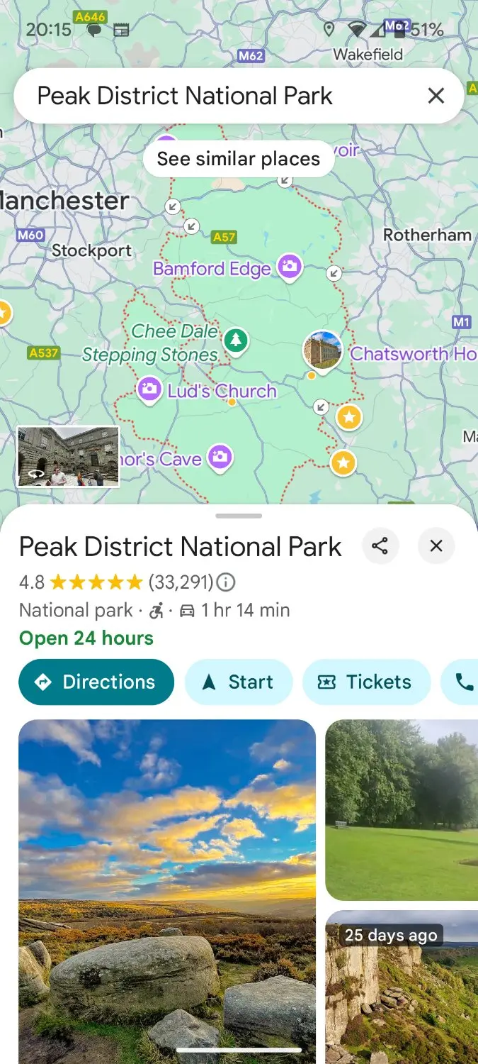 Peak District National Park as shown on Google Maps 24 February 2024