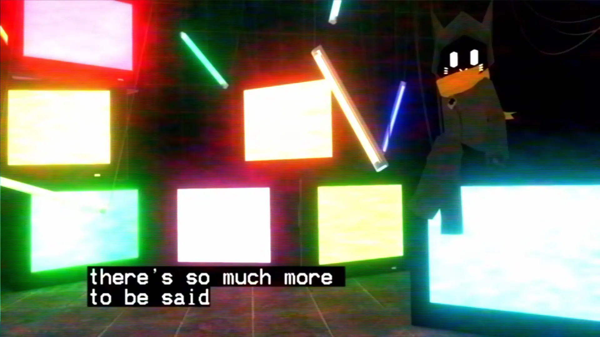 Image depicting colorful virtual CRT screens and lightsticks. On one of them sits a low poly cat person. They have black clothes with orange scarf. There is subtitle-like overlay. "there's so much more to be said"