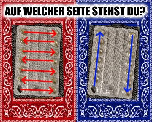 Überschrift: „Auf welcher Seite stehst du?“, darunter ein Tablettenblister, bei dem unten links eine Tablette entnommen wurde. Der Blister hat eine linke und eine rechte Seite und auf jeder Seite 7 Tabletten. Seite „rot“ startet von unten links, entnimmt rechts die nächste Tablette, wechselt wieder nach links, rechts, usw. und arbeitet sich so von unten nach oben. Die Seite „blau“ nimmt erst mal alle Tabletten von der linken Seite und wechselt erst dann zur rechten Seite.