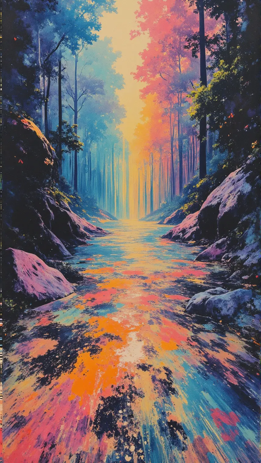 An abstract forest scene with a narrow stream flowing through the center, flanked by rocky banks. The trees on either side of the water's path are tall and reach towards the sky, creating an impression of depth and height. The painting displays a myriad of colors, ranging from warm pinks and oranges to cool blues and purples, giving the painting a dreamlike quality.