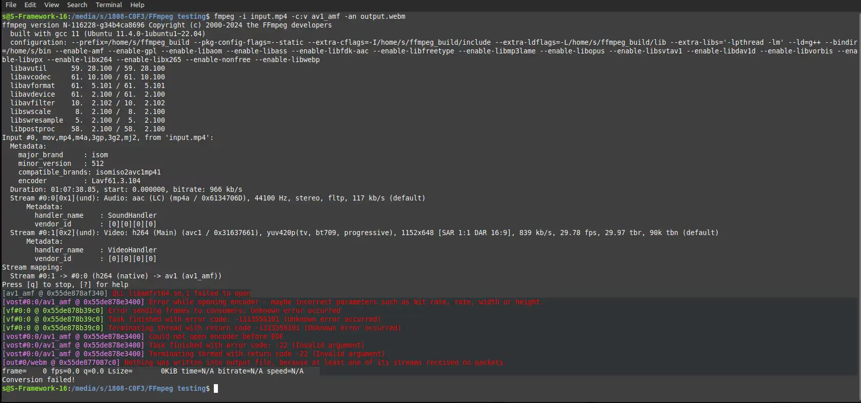 Picture of an error when using ffmpeg in the terminal