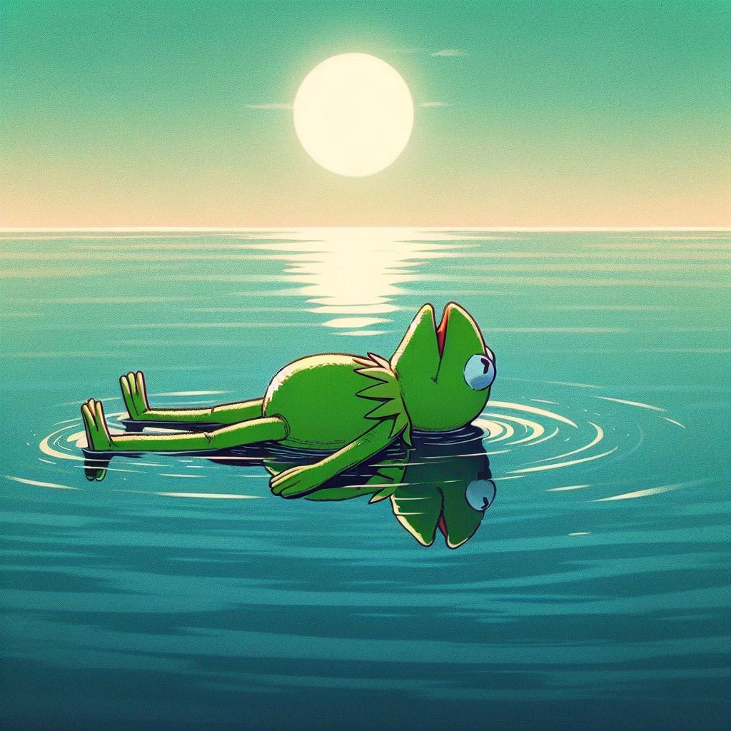 Kermit floating in the middle of a lake, 90's manga style