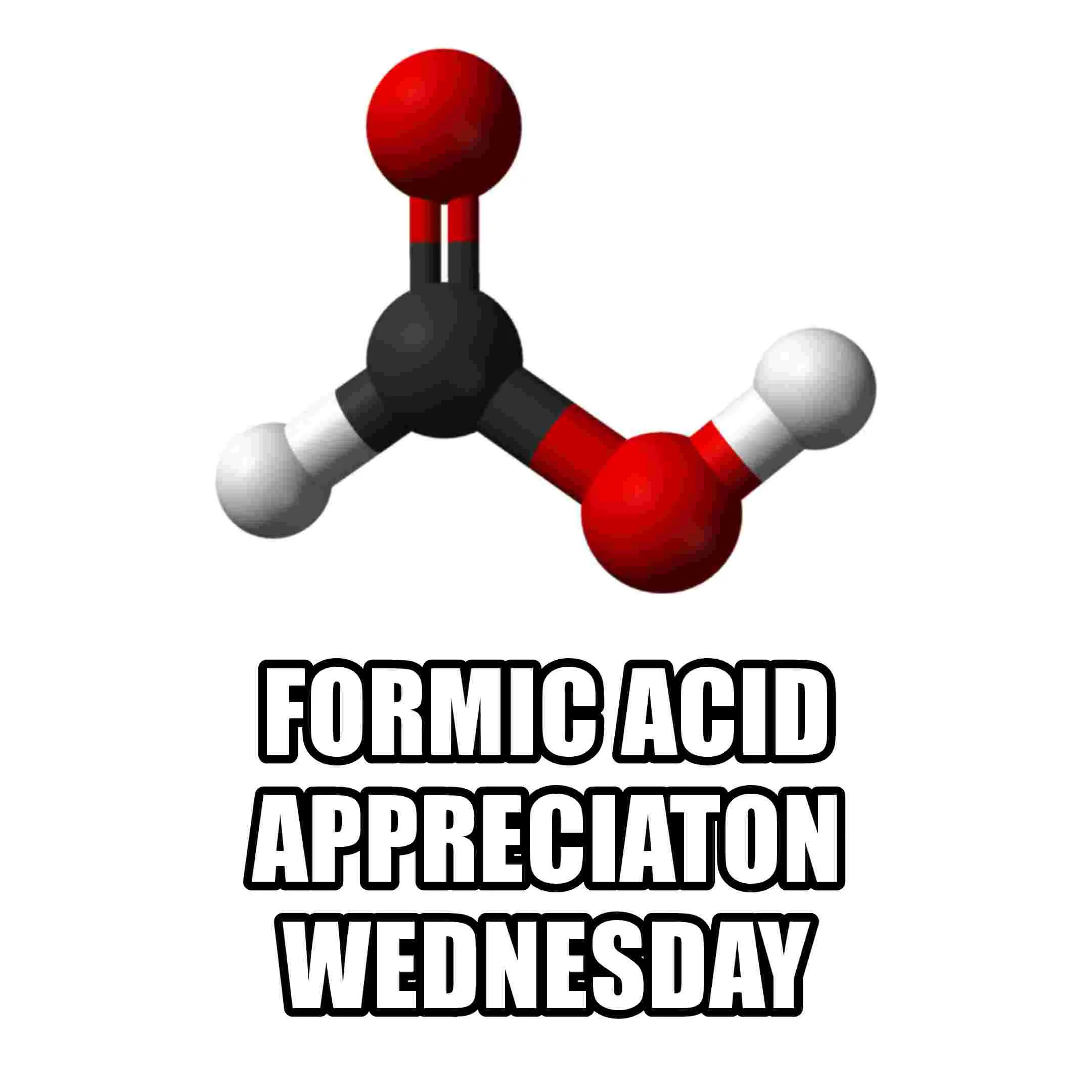A model of the chemical formic acid, with the caption 'Formic acid appreciation Wednesday'