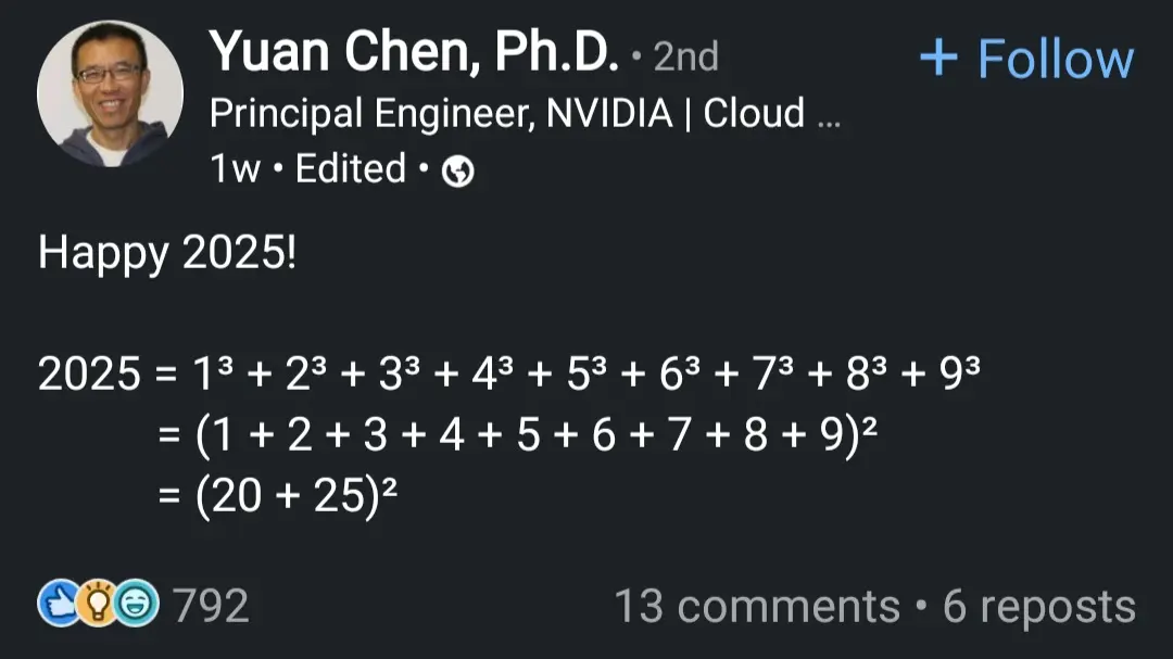 happy 2025!
2025 = (sum of cubes of 1 through 9)
= square of the sum of 1 to 9
= square of (20 + 25)