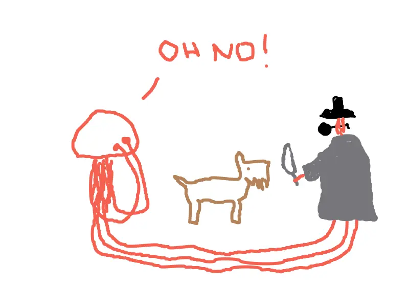 Jellyfish pretending to be scared behind a dog being mugged while its tentacles are shown to extend all the way to the muggers coat