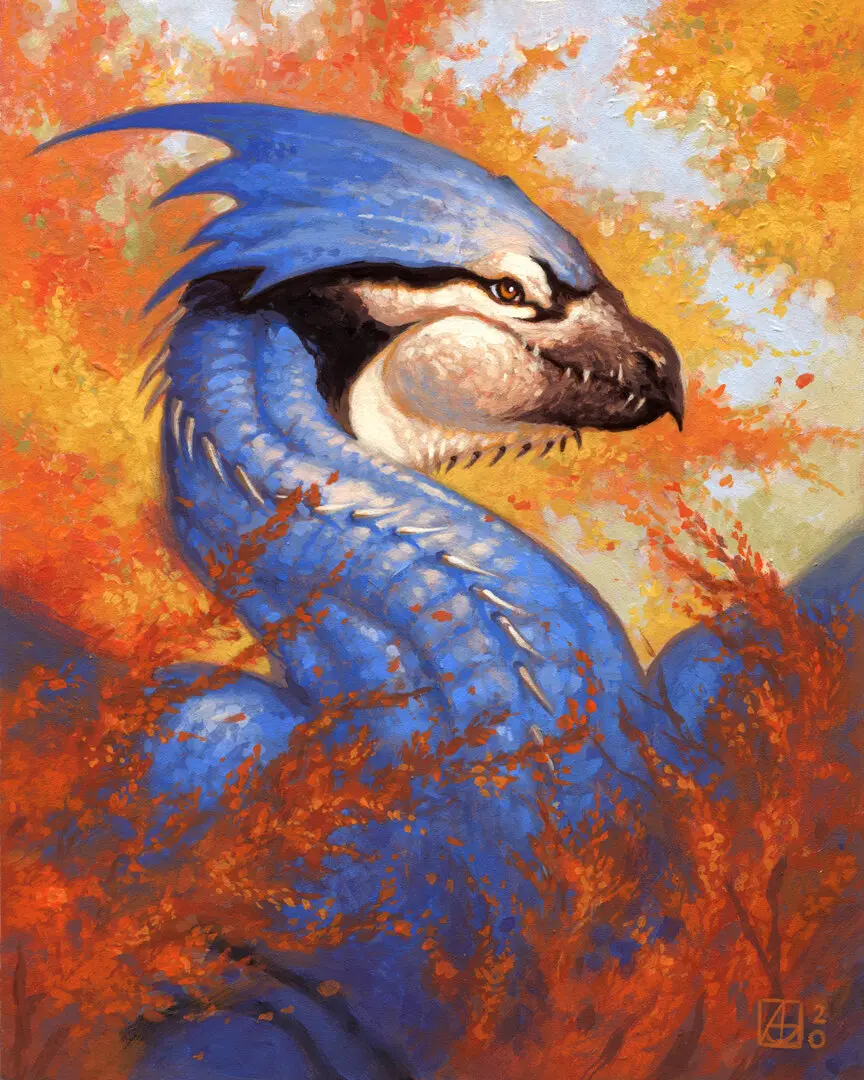 A dragon peering over trees with red leaves. This dragon's coloring is very similar to a blue jay -- white near its eyes and face, black on the tip of its snout like a beak, and a black stripe between the white part and the blue which makes up the rest of the dragon.