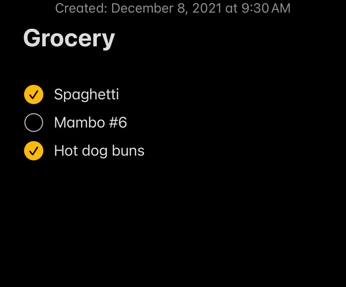 Grocery list containing spaghetti, hot dog buns, and Mambo Number Six