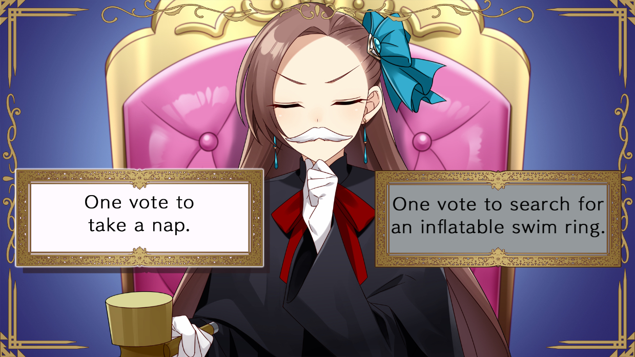 An image of Judge Katarina in a strategy meeting from My Next Life as a Villainess, with two selectable options: "One vote to take a nap." and "One vote to search for an inflatable swim ring."