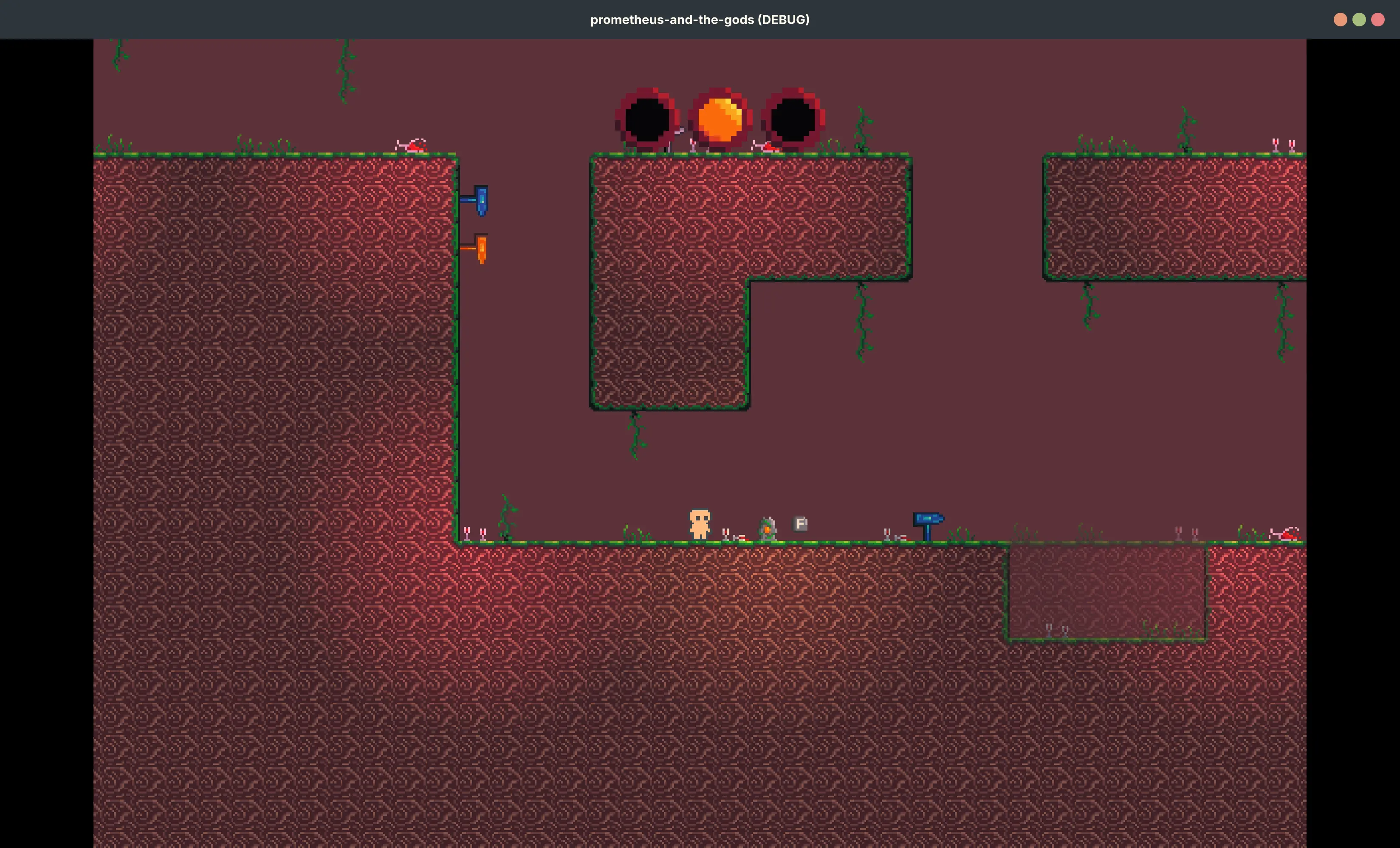 pixel art of player interacting with stone totem covered in vines with orange core. It is producing orange light. Grasses and vines surround the player, and wine glasses eminating with a red glow are on the floor.