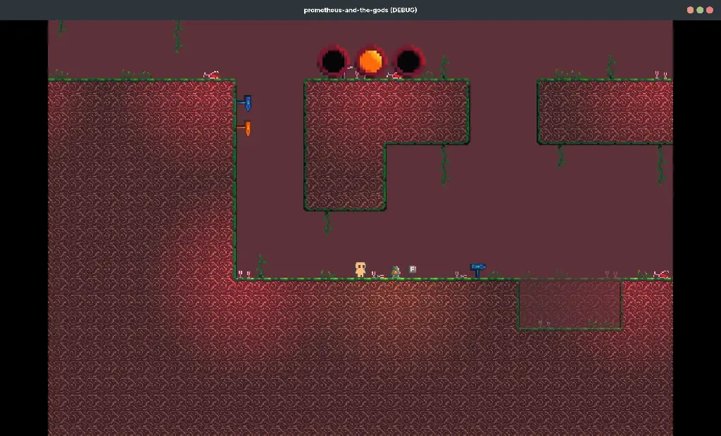 pixel art of player interacting with stone totem covered in vines with orange core. It is producing orange light. Grasses and vines surround the player, and wine glasses eminating with a red glow are on the floor.