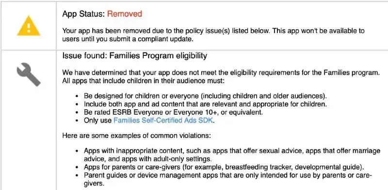 Last night Organic Maps was removed from the Play Store without any warnings or additional details due to "not meeting the requirements for the Family Program"