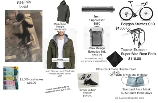 a picture of the CEO shooter surrounded by ad suggestions for the clothes that make out their outfit. however, many items are contradictory, such as the two obviously different face masks shown in different police suspect photos