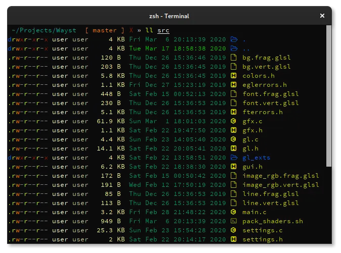 wayst terminal showing output of ls command