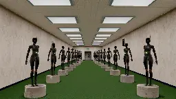 Two rows of many robots, one on each side, on an oppressive office. The robots look like young women, and are made with black shiny metal, and details in gold. On the other side of the room is a door.