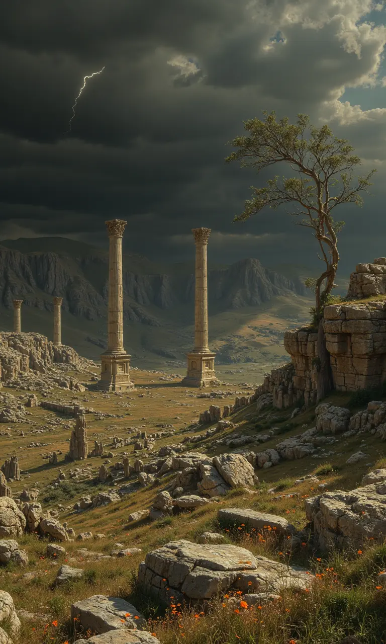 A dramatic landscape featuring ancient ruins with tall, weathered columns standing prominently in the middle ground. The sky above is dark and stormy, with a bolt of lightning striking through the clouds above the rugged mountains in the background. In the foreground, there is a rocky terrain with scattered boulders and patches of grass with small orange flowers. A solitary tree with sparse foliage stands on the right side, growing out of a rocky outcrop.