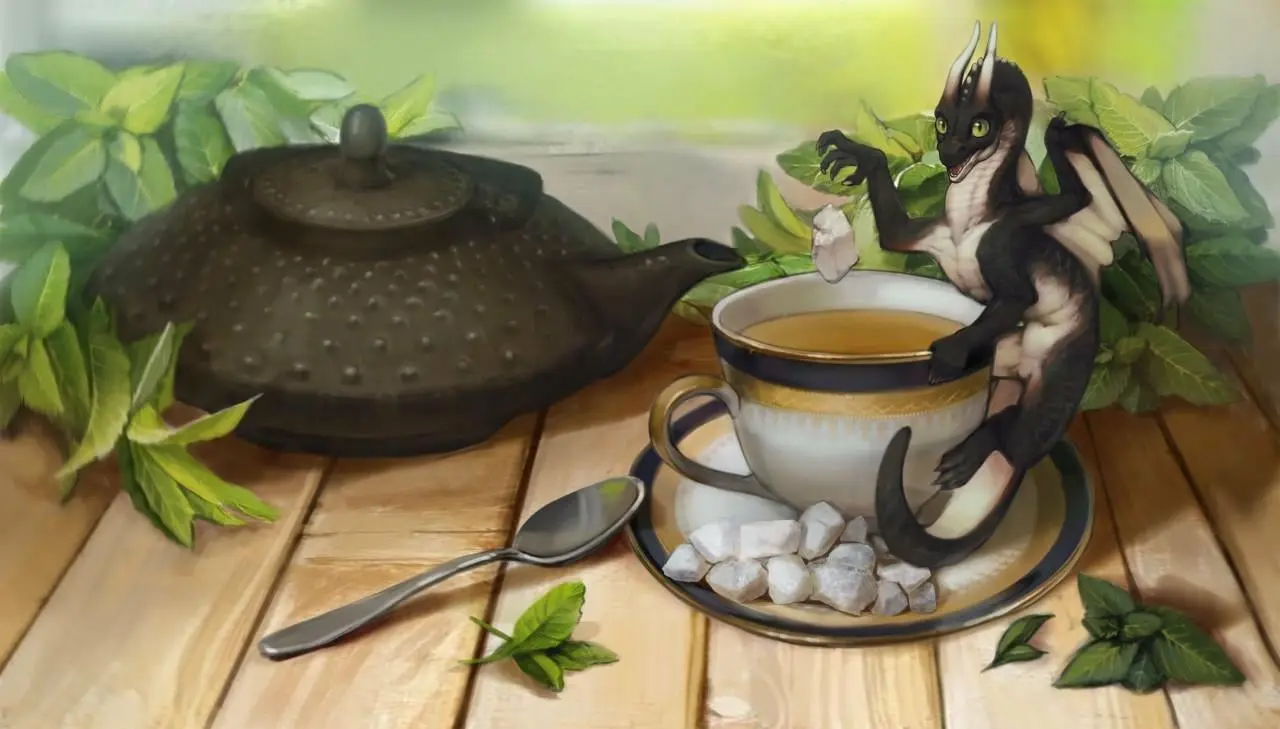 A small dragon dropping sugar in some tea for their master, tea leaves and an old asian-style teapot are seen in the background.