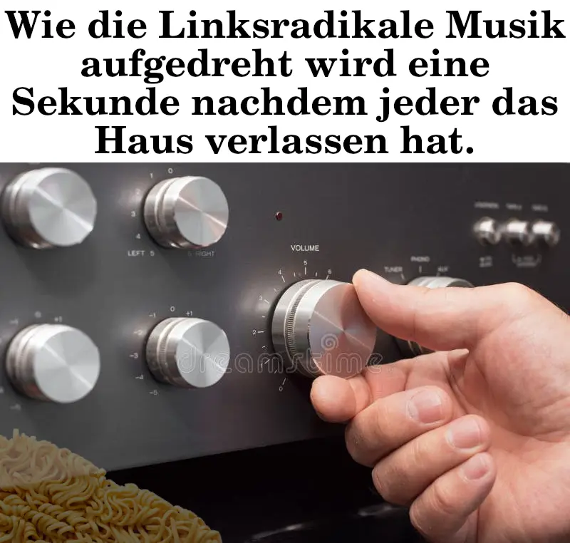 Ein meme. Die Memeüberschrift sagt "Wie die Linksradikale Musik aufgedreht wird eine Sekunde nachdem jeder das Haus verlassen hat." darunter is eine Hand zu sehen die einen Lautstärkeregler aufdreht